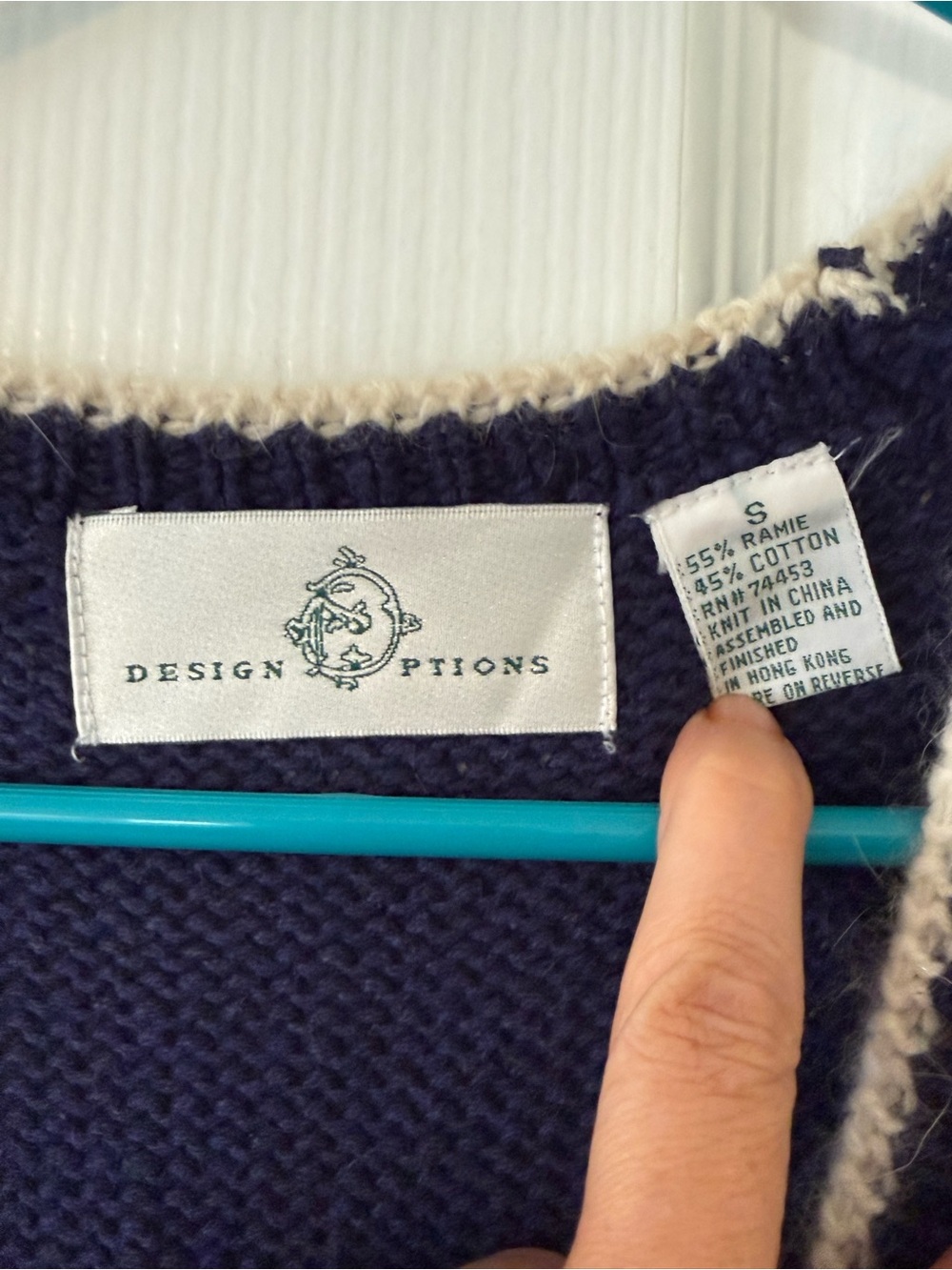 Vintage Design Options Navy Crewneck Christmas Sweater Vest with Cream Trim